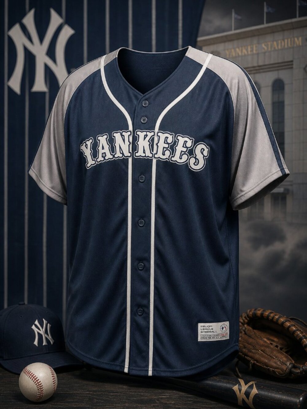 True Fan New York Yankees men's navy blue and gray button-up baseball jersey 2XL
